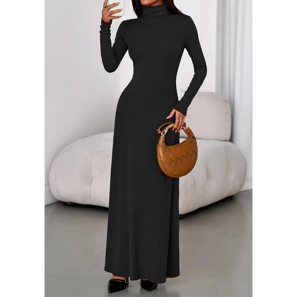 Women's Knit Maxi Dress Long Sleeve Turtleneck Stretchy Fall Wedding Party - Picture 7 of 9